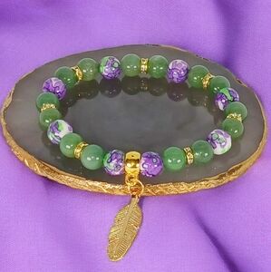HP🎉 Purple Green White Rain Flower Jasper Aventurine Bracelet Feather Charm Y2K